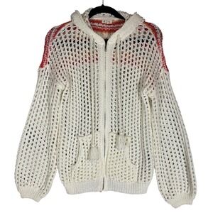 POL Open Crochet Knit Striped Hooded Sweater Sz S Full Zip Balloon Sleeve Boho